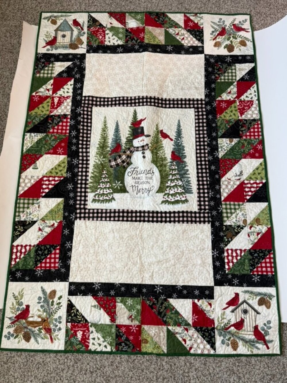 Handmade Quilt 63x43 Christmas Red Cardinal Snowman Friends Snowflake Birdhouse